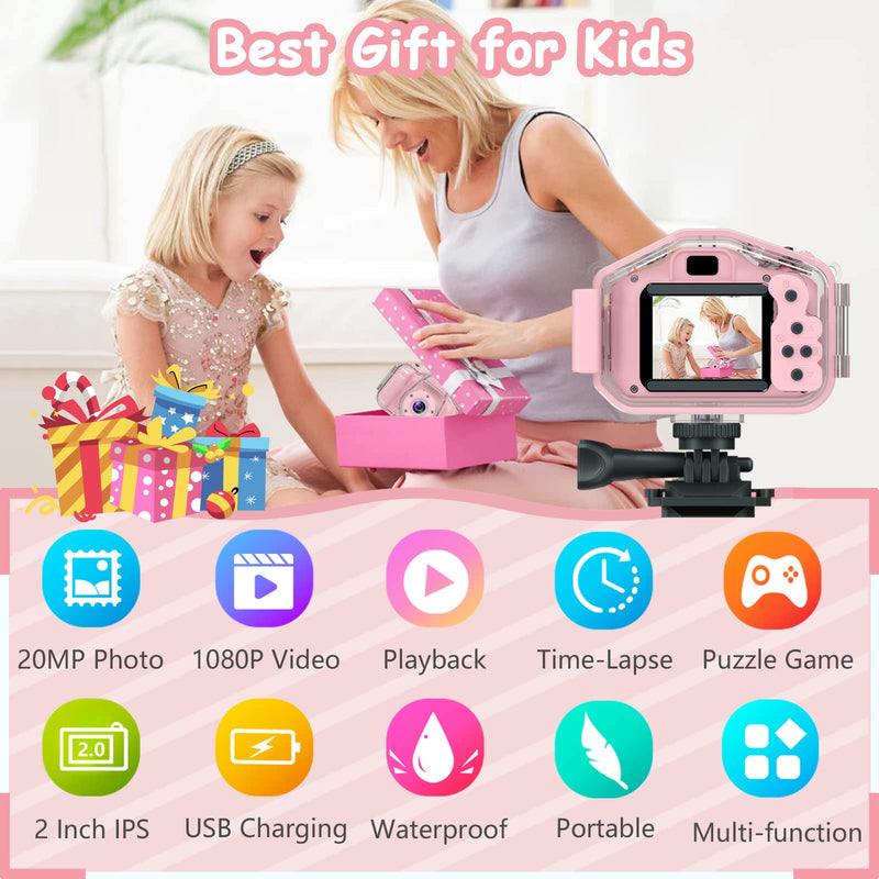[AUSTRALIA] - Kids Waterproof Camera for Girls, Christmas Birthday 3-12 Year Old Boys Toddler Toys Gifts, Mini Underwater Children HD Digital Action Cameras, 2 Inch IPS Screen with 32GB Card (Pink) Pink 