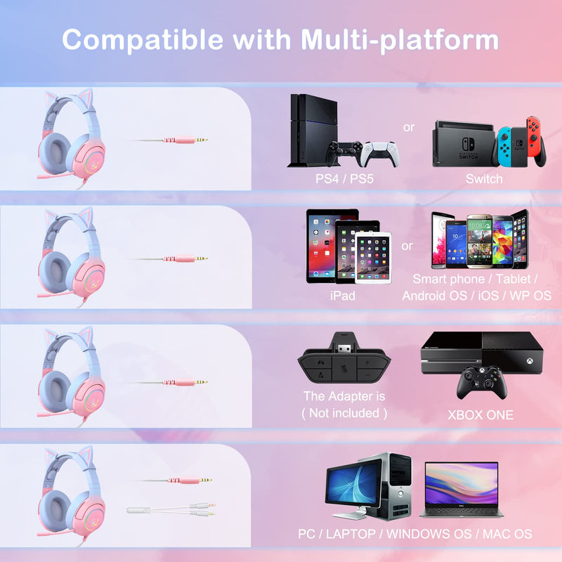 PHNIXGAM Gaming Headset for PS4, PS5, Xbox One(No Adapter), Cat Ear Headphones with Noise Cancelling Microphone, RGB Backlight, Surround Sound for PC, Mobile Phone, Gradient Pink Blue