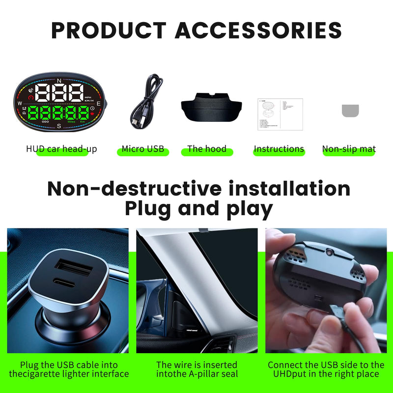 Digital Speedometer for Car,GPS Speedometer for Car,HUD Speedometer MPH,Speedometer Gauge,Head Up Display for Car,with Compass,Over Speed Alarm,USB Connect Plug and Play