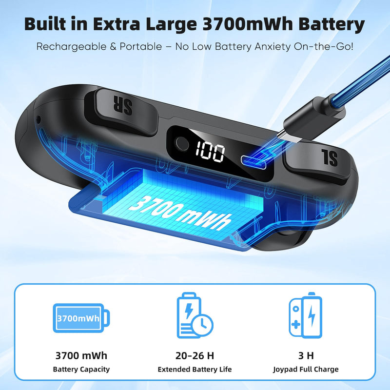 Switch 2 Joypad Charging Grip with Built-in 3700 mWH Battery - 3.5H Fast Charging with LED Display, Enlarged SR/SL Buttons, Charging While Playing (Black & Black) Black & Black
