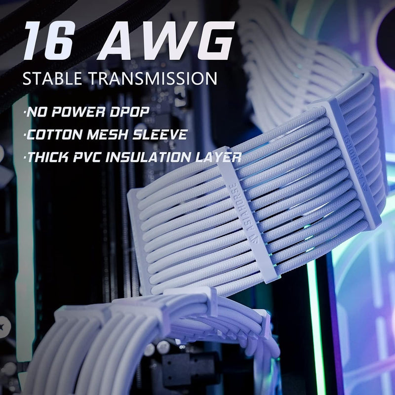 AsiaHorse 16AWG PSU Cable Extension Sleeved Custom Mod GPU PC Audio Video Power Supply Soft Braided Cables with Two Color Comb Kit 24P/8P to 6+2P/ 8P to 4+4P 30CM Snow White