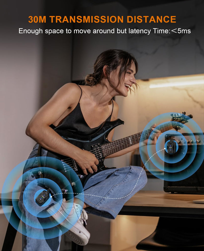 LEKATO 2.4Ghz Wireless Guitar System Exclusive Mute Plug for Electric Guitar Bass, Audio Wireless Guitar Transmitter and Receiver with 18 Channels Rechargeable Guitar Wireless System for Guitar