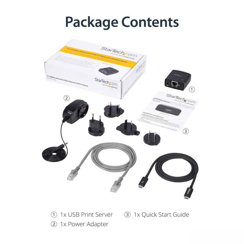 StarTech 1-Port USB 2.0 Network Print Server, 10/100Mbps, TAA (PM1115U2) | Network Print Server, Wired Ethernet LAN USB 2.0 Adapter, 10/100Mbps USB Print Server