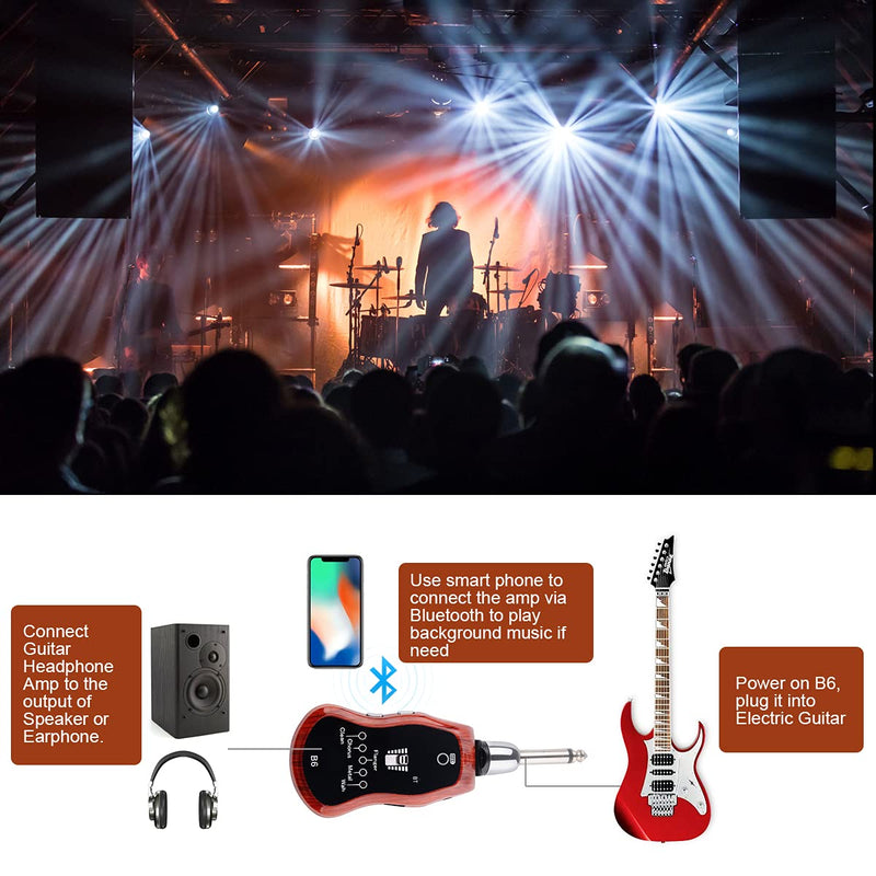 B6 Guitar Headphone Amp Mini Plug Guitar Amplifier Bluetooth Receiver Rechargeable For Electric Travel Pocket Guitar With Reverb/Chorus/Flanger/Overdrive/Wow Wah 5 Effects (Mahogany Color) Mahogany Color; Guitar Bass Headphone Amp