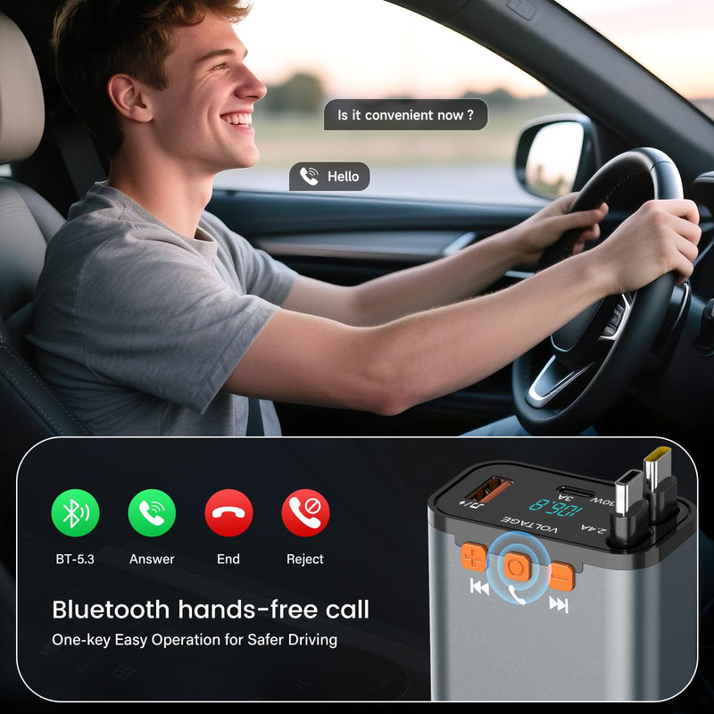 SEANCHEER Car Bluetooth Adapter & Car Charger USB C, 69W Cigarette Lighter Adapter with 2 Retractable Cables, FM Transmitter Bluetooth 5.3 for Handsfree Call, MP3 Player [Gray[USB-C+USB-C]] Gray[USB-C+USB-C]