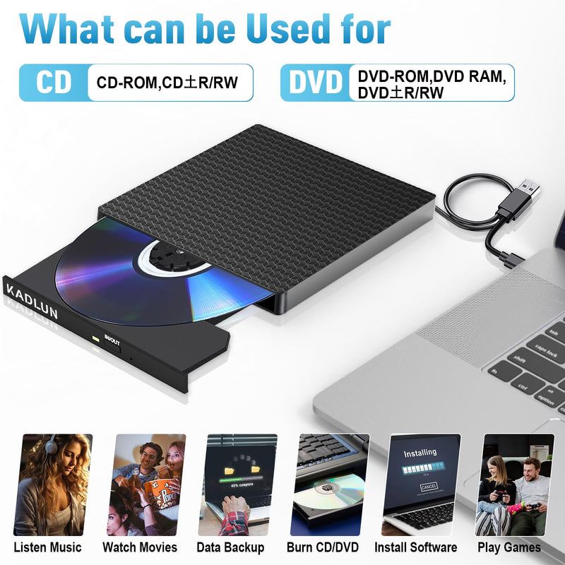 External CD/DVD Drive External USB 3.0 USB C External CD Drive for Laptop Desktop PC MacBook iMac, DVD +/-RW Burner Optical Drive External DVD Drive for Windows 11/10/8/7/XP/Linux/Vista/MacOS 5.71"x5.71"x0.75"