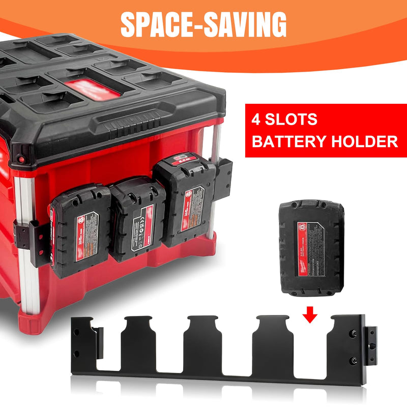 Milwaukee Packout M18 Battery Holder – 4-Slot Side-Mount Storage Compatible with Milwaukee M18 Battery，Tool-Free Installation