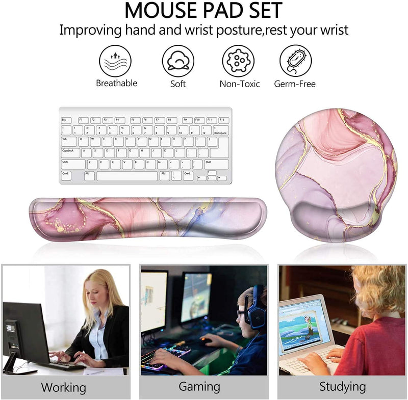 Keyboard Wrist Rest and Mouse Pad Wrist Support, Ergonomic Mouse Pads Memory Foam Mouse Pad for Gaming and Office, Pain Relief Mouse Pad and Wrist Support Set Pink Marble
