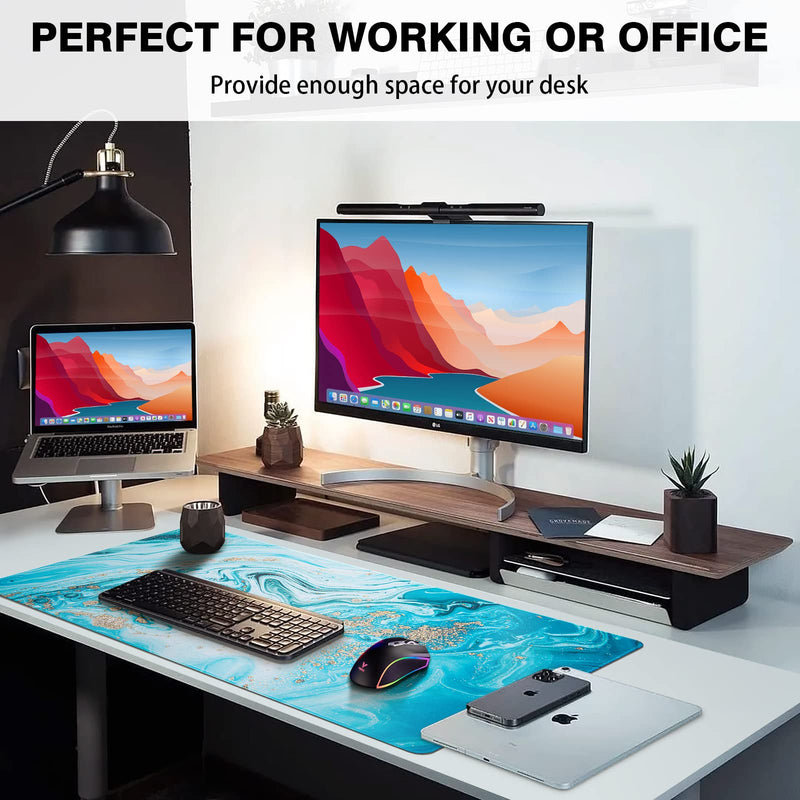 Large Mouse Pad, Marble Desk Mat, Canjoy 31.5" x 15.7" Extended Gaming Mouse Pad Waterproof Computer Keyboard Mousepads with Non-Slip Rubber Base for Work, Game, Office, Home Light Blue Gold Marble