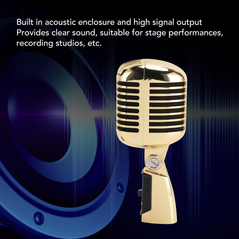 Retro Vintage Microphone, Zinc Alloy Self Tensioning Rack Dynamic Vocal Microphone with Sound, for KTV, Stage Performances (Gold)
