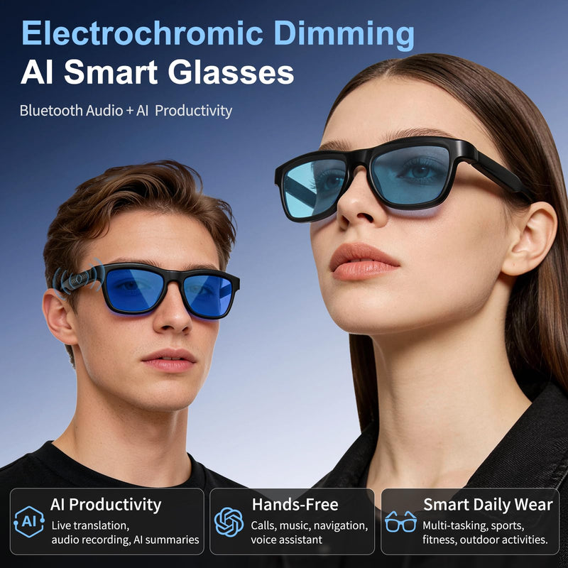 Smart Bluetooth Audio Glasses with Active Electrochromic Dimming, Hands-Free Calls & Music, AI Assistant & Productivity, Wearable Tech Glasses for Business/Travel/Sports, Ideal Gifts for Men Women