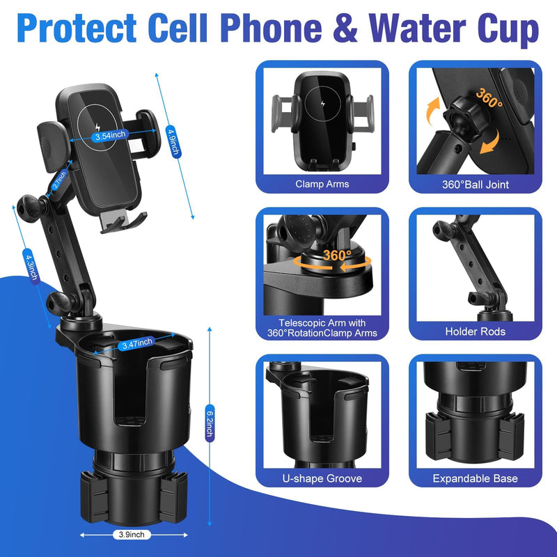This Hill Cup Holder Phone Charger, 15W Fast Charging Auto Clamping, Phone Holder for Cup Holder Charger with Adjustable Base & 360° Rotation Compatible for All Smartphones(with Car Adapter)