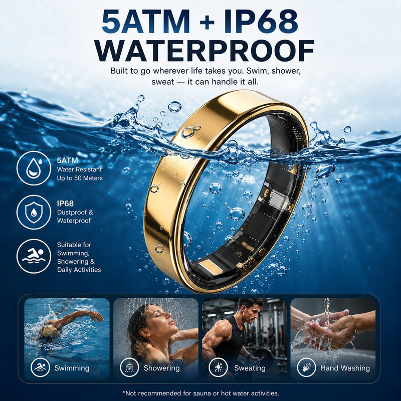 Smart Ring for Women Men, Ultra Thin Health Tracker Ring with Sleep Monitoring, Fitness Tracking, Heart Rate Sensor, Waterproof Wearable, No Subscription Fee, iOS & Android Compatible（Gold 11） Gold