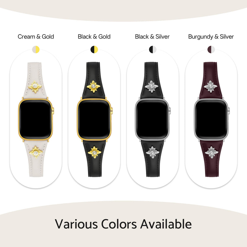 Flower Genuine Leather Watch Band for Women Compatible with Apple Watch 38/40/41/42/44/45/46/49mm, for iWatch 11/10/9/8/7/6/5/4/3/2/1 Ultra SE, Platinum/14ct Gold Plated Black & Gold 42(Series 3 2 1)/44/45/46/49mm