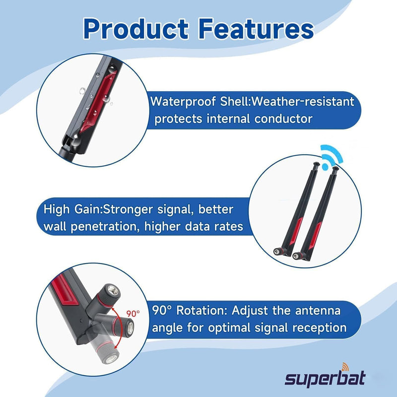 Superbat Dual Band MIMO Bluetooth RP-SMA WiFi Antenna 2pcs for PC Desktop | 2.4GHz 5GHz 5.8GHz for Computer WiFi Router Wireless Network Card Security IP Camera Video Surveillance Monitor