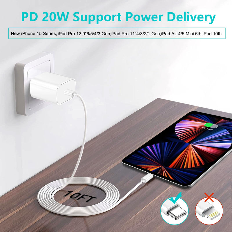 iPhone 15 Charger,iPad Pro Charger,20W USB C Fast Charger with 10FT Long Fast Charging Cord for iPhone 15 Pro Max/Plus,iPad Pro 12.9 5th/4th/3rd,11 inch 3/2nd,iPad Air 5th/4th,iPad Mini 6th,iPad 10th A-White