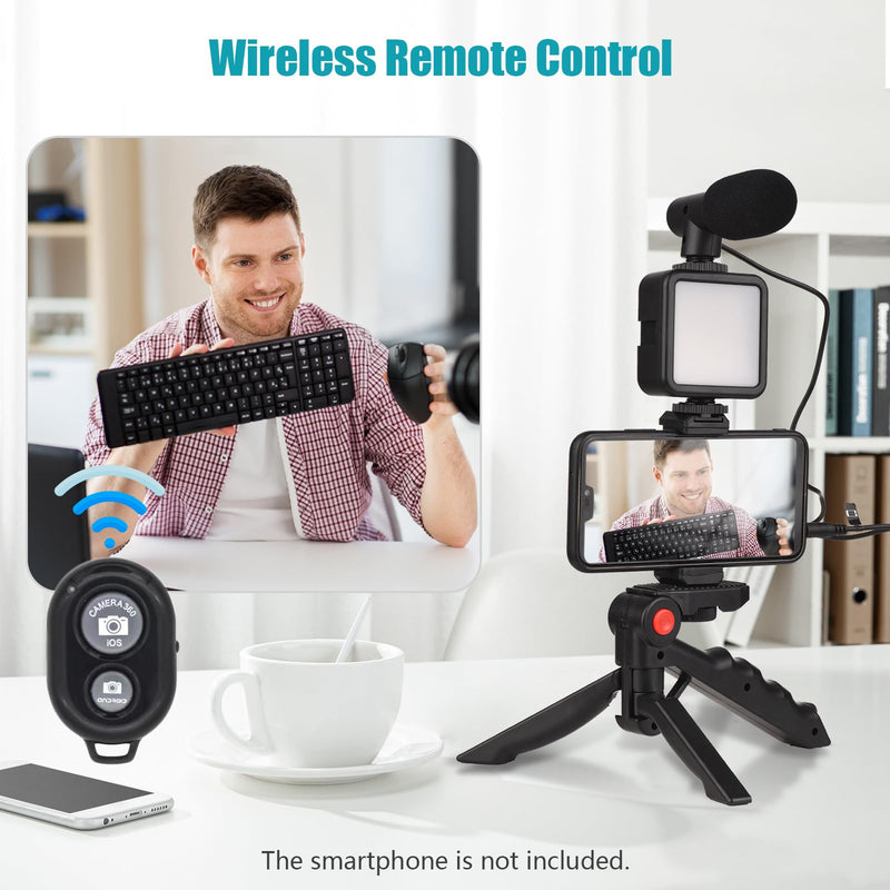 Mini Smartphone Vlog Kit with LED Video Light, Cardioid Microphone, Extendable Phone Clip, Adjustable Brightness Tripod for Live Streaming, Vlogging, Video Conferencing & Selfies