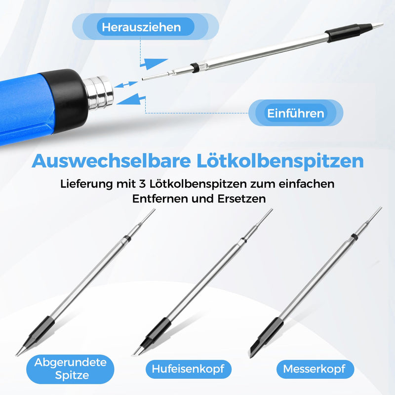 Wireless Soldering Iron Set - USB Soldering Iron with 3 Temperature Adjustable 300°C - 450°C, 3 Soldering Tips, Soldering Iron Stand, Soldering Wire, Soldering Paste, KKMOL Soldering Set for Repair of Blue