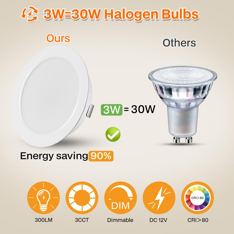 URing Set of 3 LED Recessed Spotlights, 12 V, Dimmable, 3 W Ceiling Spotlights, 55-58 mm Spotlights, 12 V, 3000 K, Warm White, 4000 K, Neutral White, 6000 K, Cool White, Recessed Spotlights, LED 15 mm