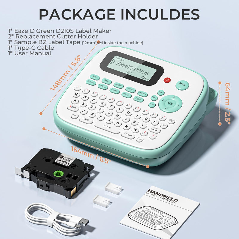 [AUSTRALIA] - Label Maker Machine with Tapes, D210S Label Maker with Keyboard, Handheld Labeler Machine with-Tape 12mm 0.47 Laminated White, Multiple Symbols for Home Office School Kids Use Green 