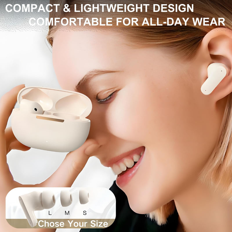 TINGER in-Ear ANC Wireless Earbuds, 35dB Active Noise Canceling Bluetooth Headphones, 24H Playtime Hi-Fi Bass Earphones with IPX4 Waterproof, Built-in Mic for Travel Workout Beige