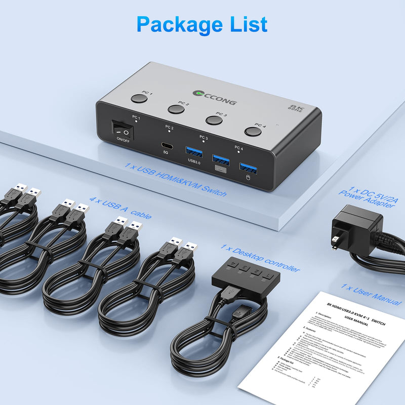 5Gbs HDMI KVM Switch 1 Monitor 4 Computers KVM Switches 8K@60Hz | 4 Port with 3 USB 3.0 and 1 USB C Ports Share Keyboard Mouse Hard Drives Printer with 4 USB Cables and Desktop Controller Space Gray 4 PC 1 Monitor