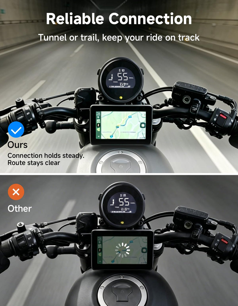 KEMIMOTO 5 Inch Motorcycle Screen, Auto Brightness – Wireless CarPlay & Android Auto, Waterproof GPS Navigation Display with Handlebar Mount – for Road, Touring, Adventure