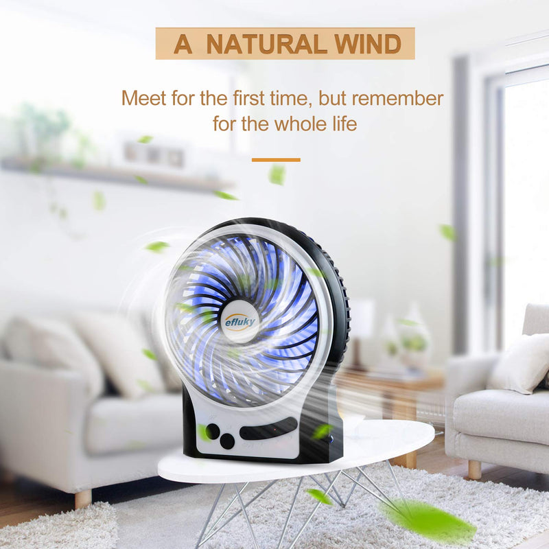 efluky 3 Speeds Mini Desk Fan, Rechargeable Battery Operated Fan with LED Light and 2200mAh Battery, Portable USB Fan Quiet for Home, Office, Travel, Camping, Outdoor, Indoor Fan, 4.9-Inch, Black