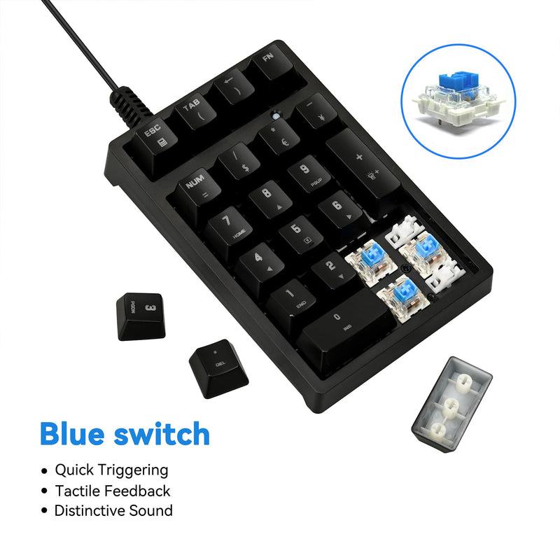 [AUSTRALIA] - Number Pad, Mechanical USB Wired Numeric Keypad with Blue LED Backlit 21 Key Mini Numpad for Laptop Desktop Computer PC Black (Blue switches) Black - Mechanical Keypad 