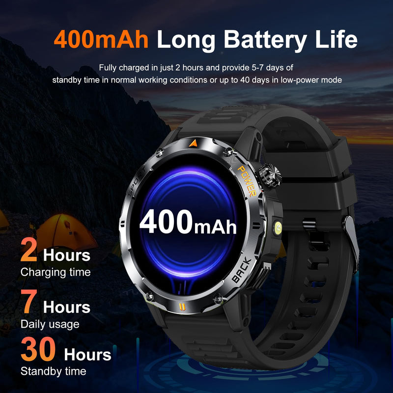 Military Smart Watch for Men, (Answer/Make Call) Fitness Smart Watch with Flashlight Compatible for Android & iPhone Waterproof with Blood Oxygen/HeartRate/Sleep/120+ Sport Modes (Black) Black