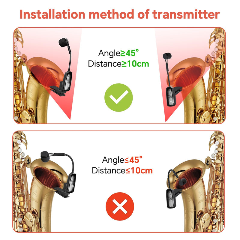 Wireless Saxophone Microphone, 2.4G Clip Instruments Mic, Rechargeable Transmitter and Receiver, 100ft Range, Great for Sax, Trumpet, Tuba, Trombone, Cornet, FrenchHorn