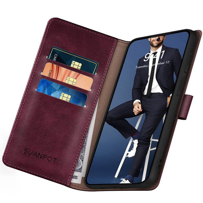 SUANPOT for Samsung Galaxy S24 Plus/S24+ Wallet case with RFID Blocking Credit Card Holder,Flip Book PU Leather Protective Cover Women Men for Samsung S24Plus Phone case Wine Red
