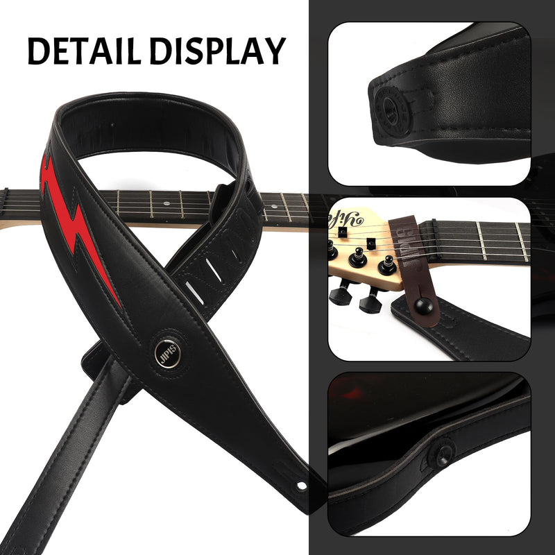 Handmade Retro Embossed Guitar Strap Super Soft Cowhide Leather Belt for Electric Acoustic Guitar Bass Guitarra Gig Jipis-black Red Lighting