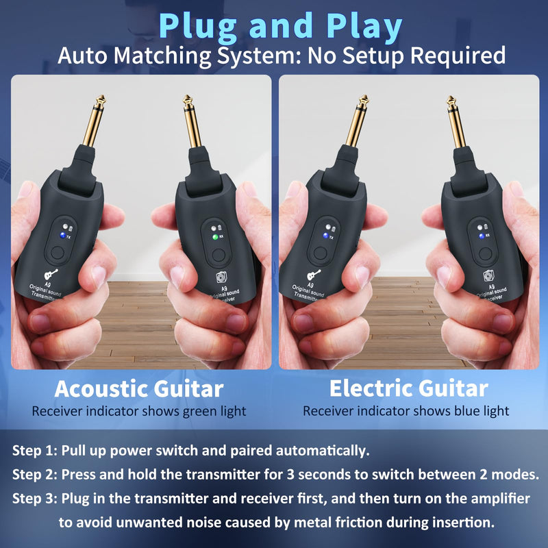 [AUSTRALIA] - 2.4GHz Wireless Guitar System Rechargeable Audio Wireless Transmitter Receiver for Guitar Bass Electric Instruments,Over 30m/100 Feet Transmission,270°Rotatable,4hours Woring Time（A9 Black） 