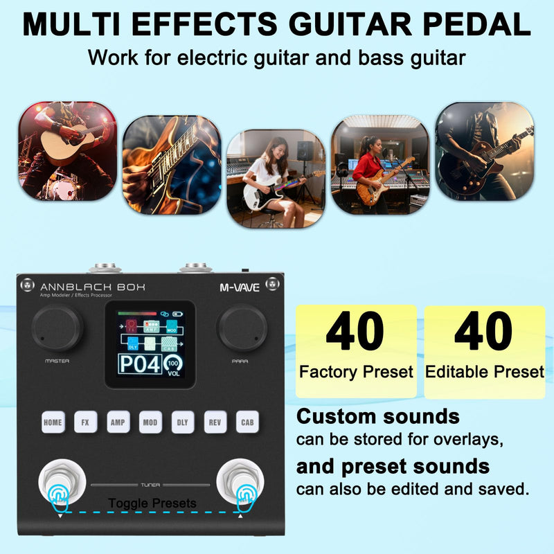 Black Pedal Box Portable Multi-Effects Guitar/Bass Amplifier Modeler with 6 Effects Modules, 80 Editable Presets & Rechargeable Battery
