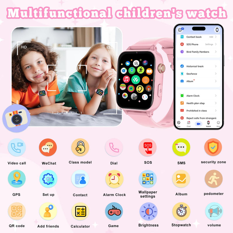 4G Kids Smart Watch for Boys Girls GPS Tracker, Children Watches Phone Call | Smartwatch Phone Gifts for Teens Toddler Ages 4-12 Years with SIM Card Video & Voice Call SOS, Parental APP, Class Mode Light Pink