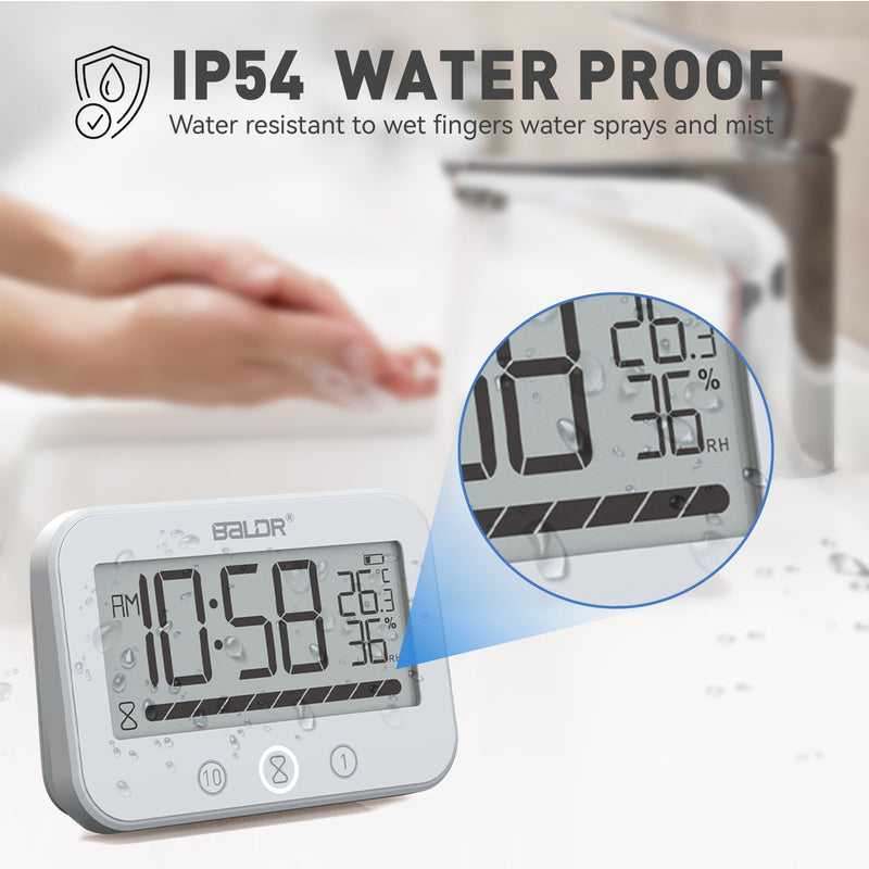 [AUSTRALIA] - Digital LCD Waterproof Timer Shower Clock, Waterproof for Water Spray, Bathroom Clock Wall Mount, Two Suction Cup, Displays Time, Temperature, and Indoor Relative Humidity (1, White) 1 