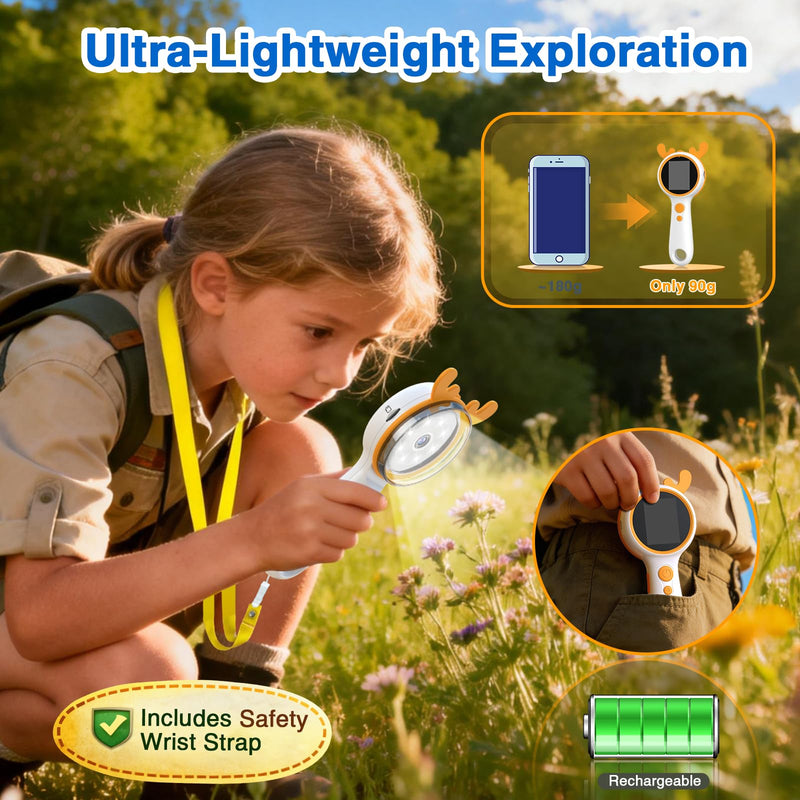 [AUSTRALIA] - Kids Microscope Orange Deer - Digital Handheld STEM Kit & 1080P Camera (600x Zoom) - Portable Science Toy for Outdoor Camping & Backyard Fun - Gift for Boys & Girls Age 5-12 