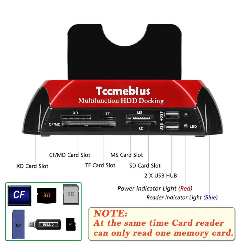 Hard Drive Docking Station, Tccmebius TCC-S862-US USB 2.0 to 2.5 3.5 Inch SATA IDE Dual Slots External Enclosure with All in 1 Card Reader and USB 2.0 Hub for 2.5" 3.5" IDE SATA I/II/III HDD SSD