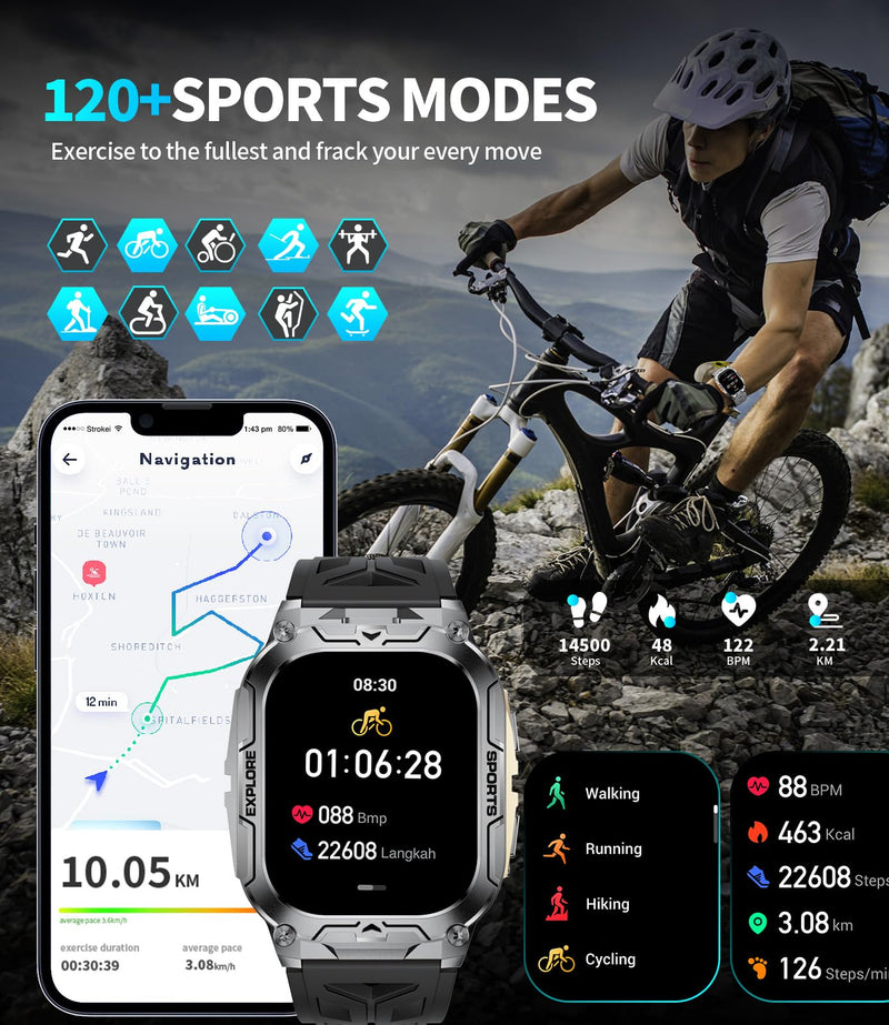 Military Smart Watches for Men(Answer/Dial Calls),2.01" Ultra Large HD Smartwatch with 60 Days Extra-Long Battery/Heart Rate/Sleep Monitor/Flashlight/2 Straps,Rugged Fitness Watch for iOS/Android Gold