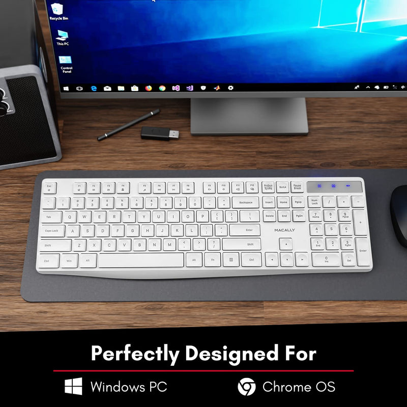 Macally 2.4G USB Wireless Keyboard for Laptop or Computer - Keep it Simple - Full Size Keyboard with Numeric Keypad & 13 Shortcut Keys - Plug and Play PC Keyboard Wireless - White Keyboard Cordless