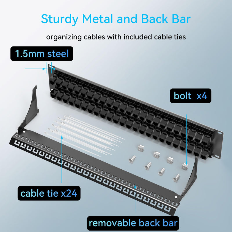 Sokqovt Patch Panel 48 Port Cat6 with Coupler Keystone, Cat6 Network Patch Panel 10G No Punch Down, Time-Saver Ethernet 2U Rj45 Panel with Sturdy Back Bar, 19 Inch Coupler Network Panel