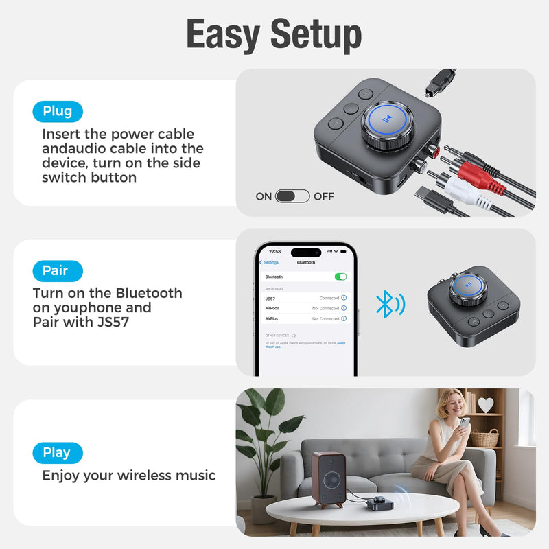 Bluetooth 5.3 Receiver for Home Stereo, RCA Bluetooth Adapter for 3D Surround, Support Optical, AUX 3.5mm, RCA Receiver Adapter for Speakers, Music Streaming Stereo System