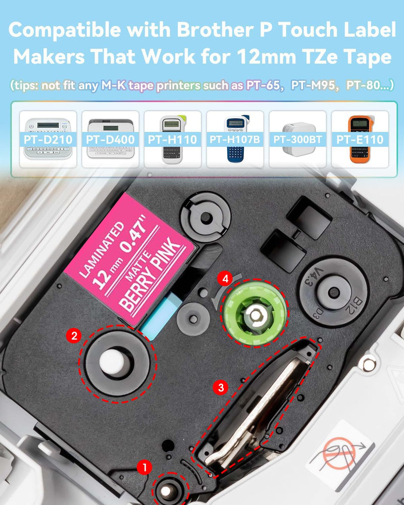 [AUSTRALIA] - Replacement for Brother P-Touch Label Maker Tape TZe 12mm 0.47 Ribbon Laminated TZ Colored Refills Compatible with Brother P Touch PT-D210 D220 H110 1000 1280 D400 Cube, 1/2" x 26.2', 6 Pack Pink/Blue/Yellow/Green/ Black/Lime Green 
