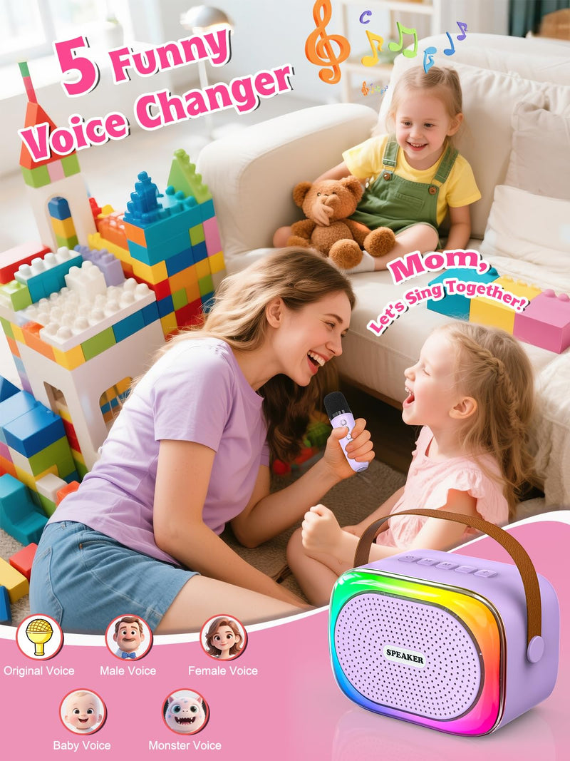 Mini Karaoke Machine for Kids Girls Boys Ages 3-12, Portable Bluetooth Speaker with 2 Wireless Microphones with Voice Changing & LED Party Lights, Birthday Gifts for Family Home Party purple