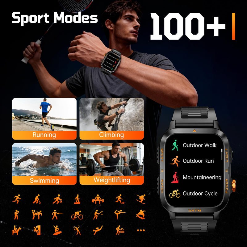 Military Smart Watches for Men (Answer/Make Call) 1.96" HD Big Screen | Rugged Tactical Smartwatch with LED Flashlight/880mAh/3ATM Waterproof/HR/Sleep Monitor, Fitness Tracker for iPhone Android Black
