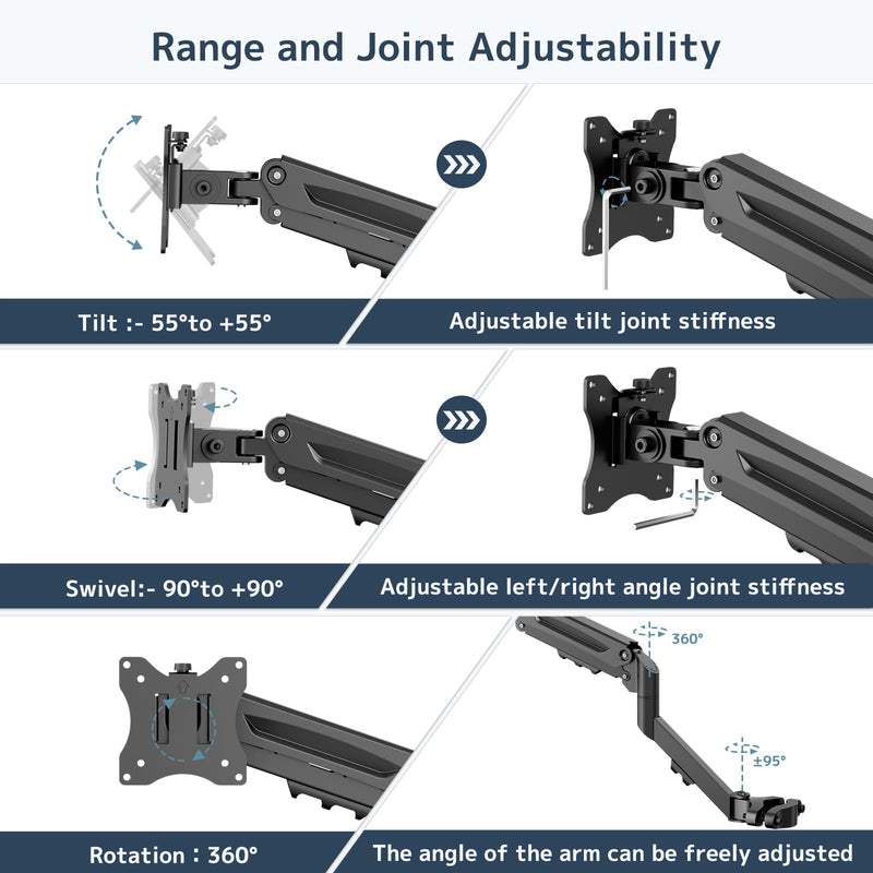 Height Adjustable Pole Mount Monitor Arm for 17"-32" with Gas Spring | Universal Full Motion TV Pole Mount Holds up to 19.8 lbs, VESA 75x75 and 100x100mm, Black