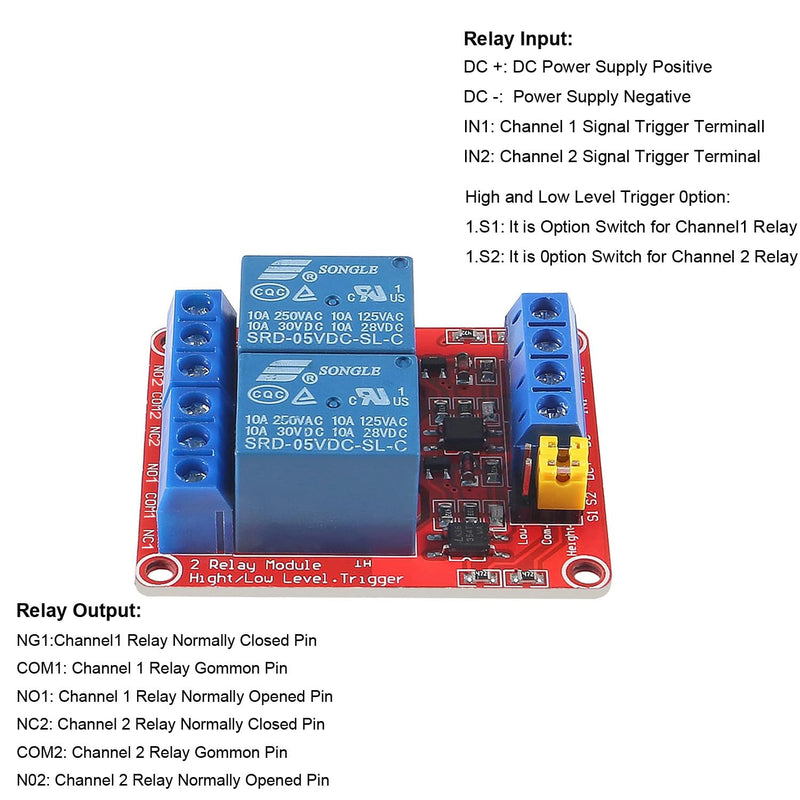 Gebildet Pack of 2 DC 5V 2 Channel Relay Module Boards Shield with Optocoupler Isolation, Supports High or Low Level Compatible Development Board Trigger 5 V 2-way