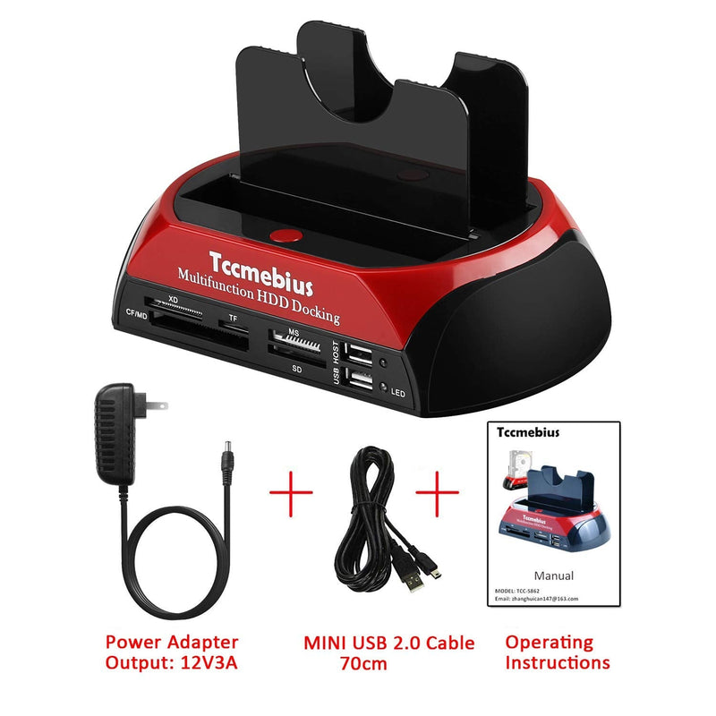 Hard Drive Docking Station, Tccmebius TCC-S862-US USB 2.0 to 2.5 3.5 Inch SATA IDE Dual Slots External Enclosure with All in 1 Card Reader and USB 2.0 Hub for 2.5" 3.5" IDE SATA I/II/III HDD SSD