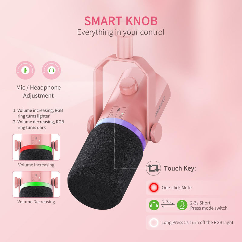 FEELWORLD PM1 XLR USB Dynamic Microphone Gifts for Podcast Recording PC Computer Gaming Live Streaming Vocal Voice-Over, Studio Metal Mic with RGB Light, Mute Button, Headphones Jack (Pink) Pink